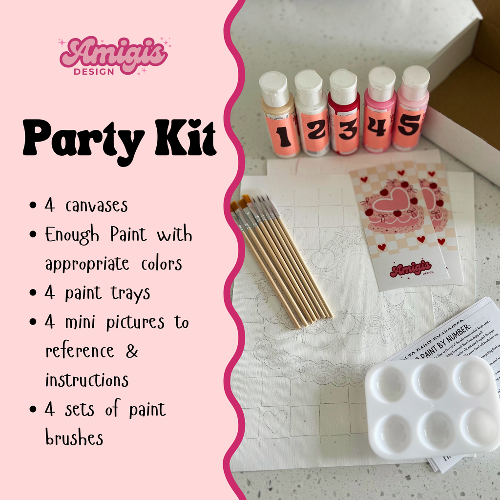 Amigie Design party kit with paint bottles, canvases, and painting supplies on a white surface.