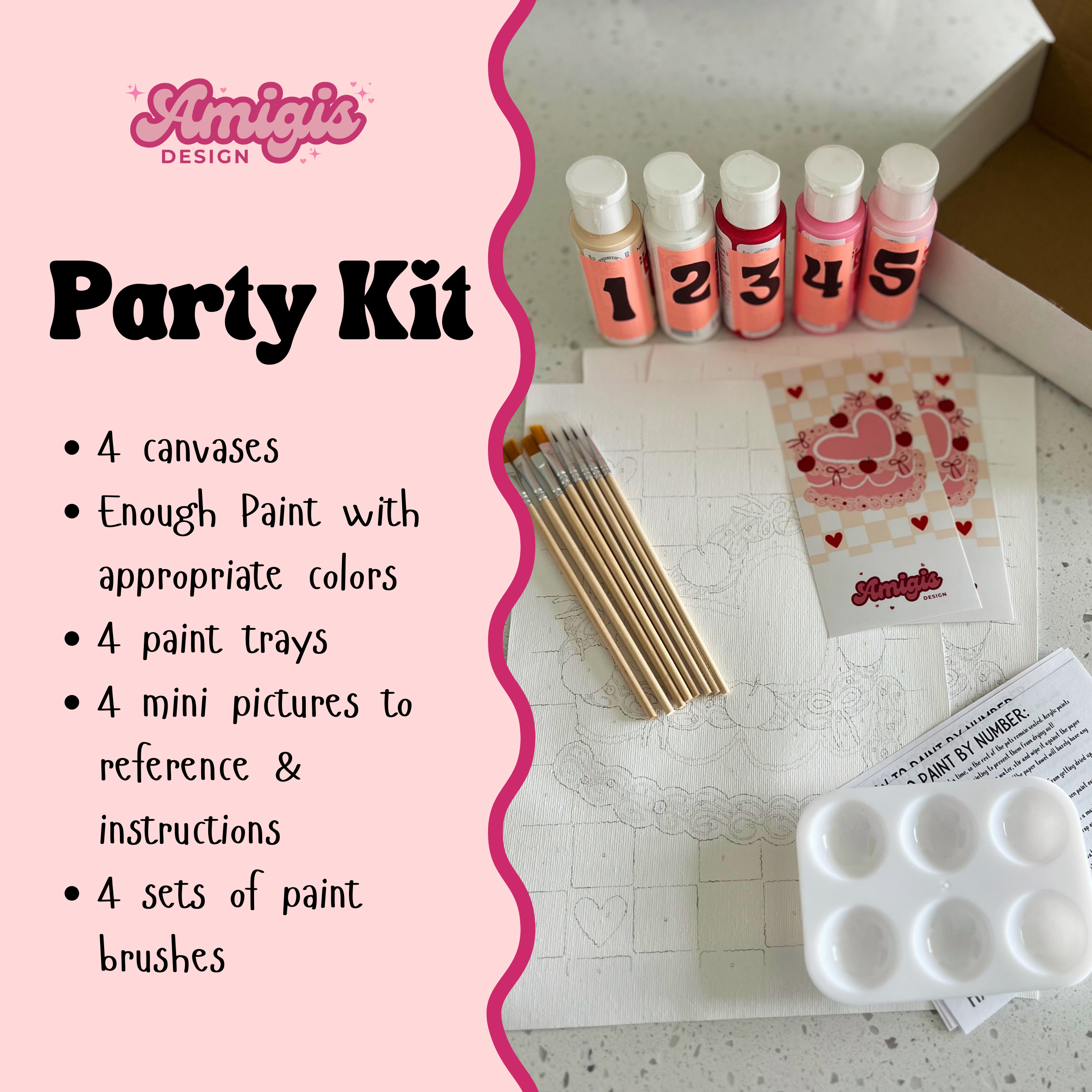Amigie Design party kit with paint bottles, canvases, and painting supplies on a white surface.
