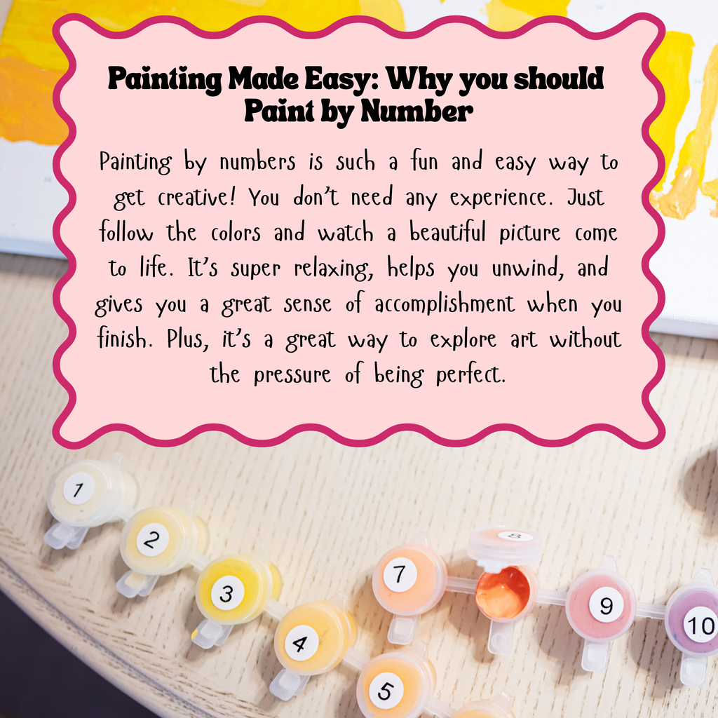 Painting by numbers set with text overlay on a wooden surface
