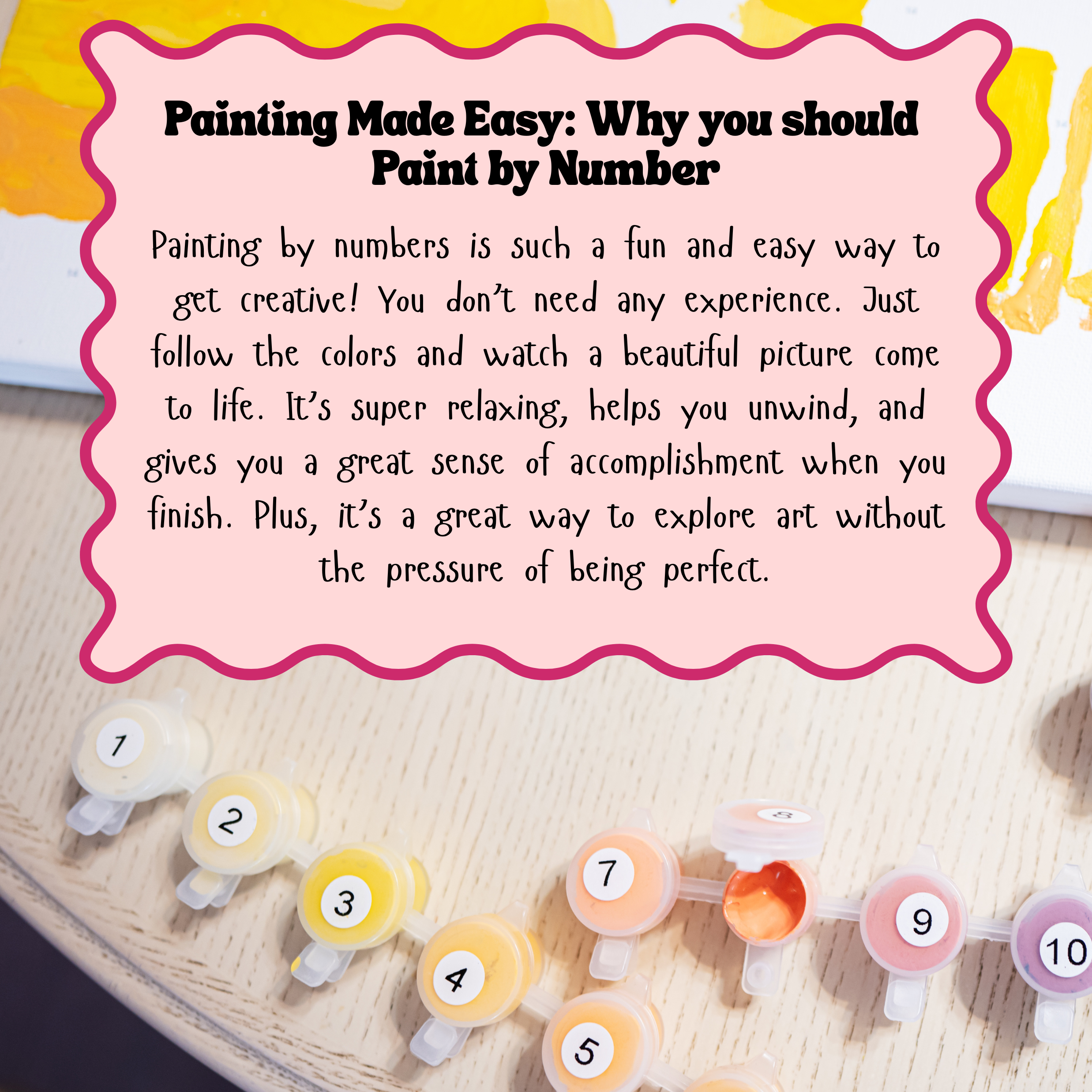 Painting by numbers set with text overlay on a wooden surface