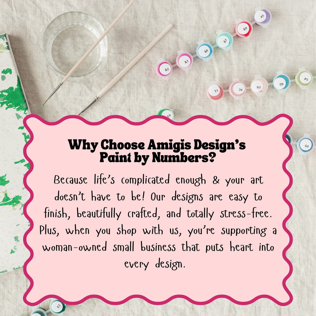 Promotional text for Amigis Design's Paint by Numbers on a textured surface with paint supplies.