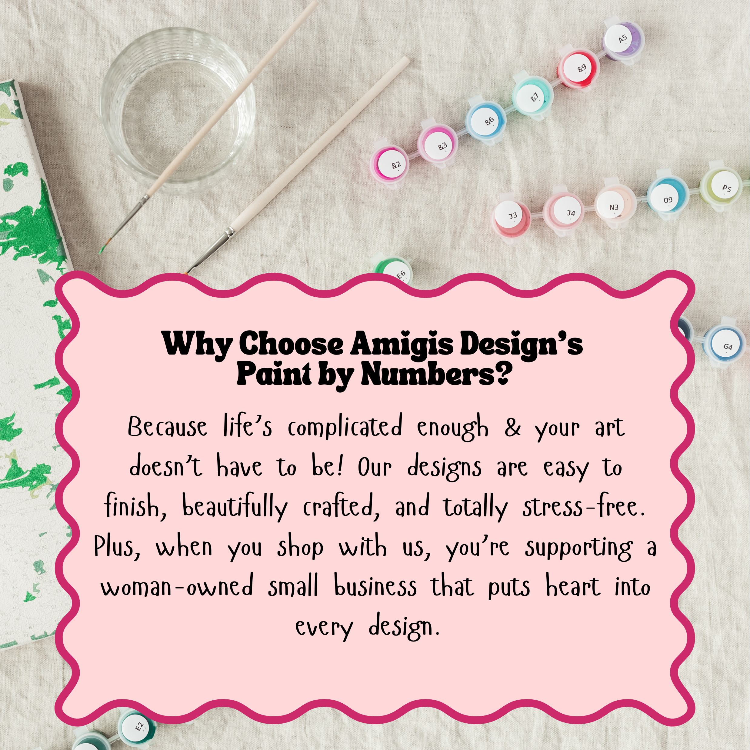 Promotional text for Amigis Design's Paint by Numbers on a textured surface with paint supplies.