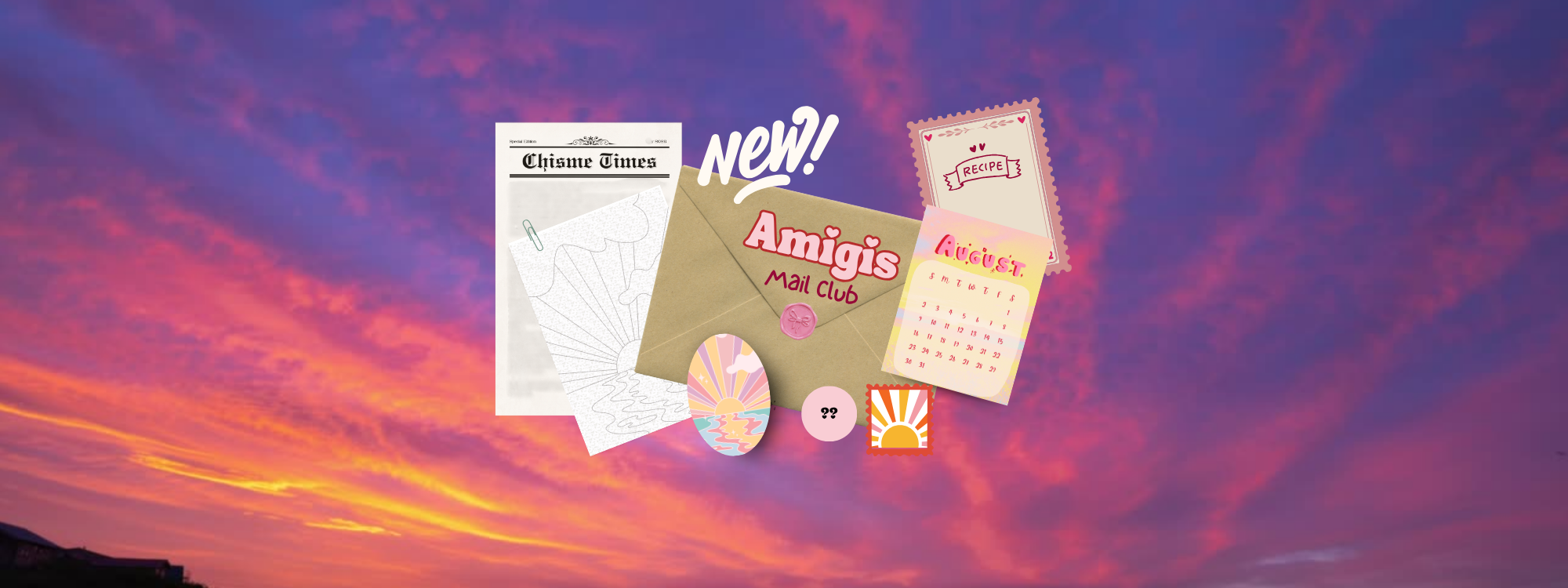 Product packaging with 'New!' and 'Amigis' branding against a colorful sky background