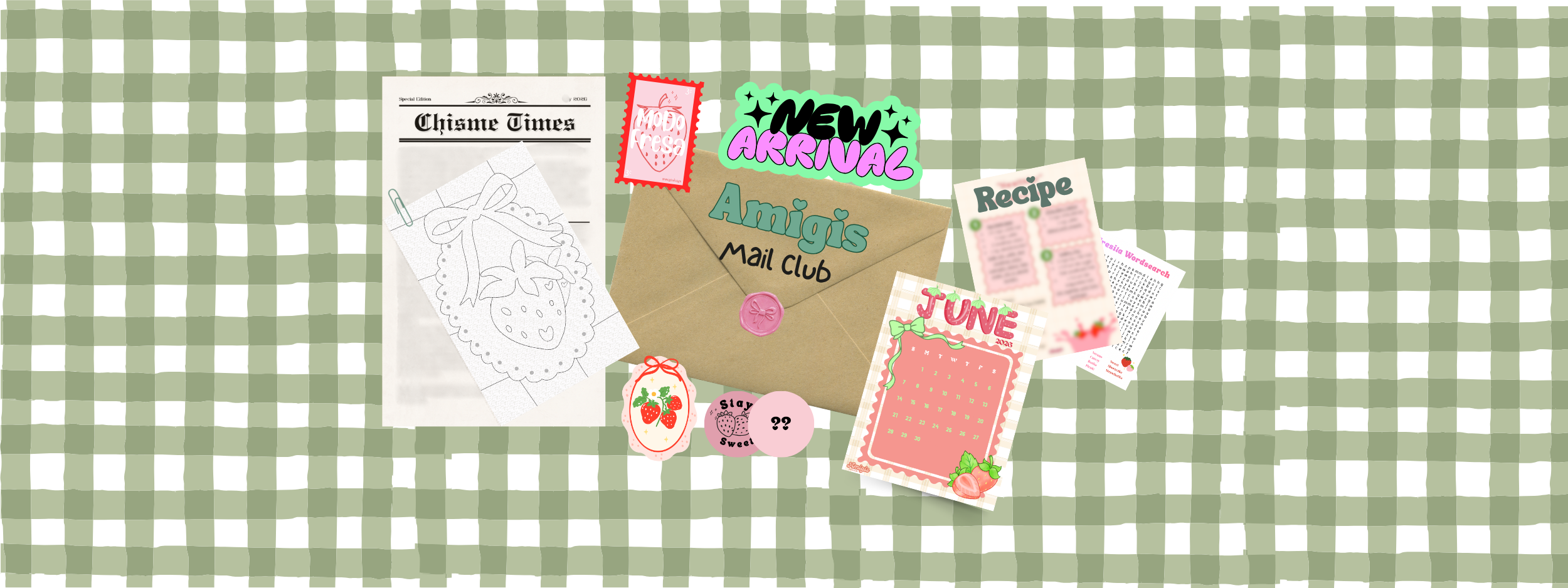 Collection of stationery items on a green and white checkered background