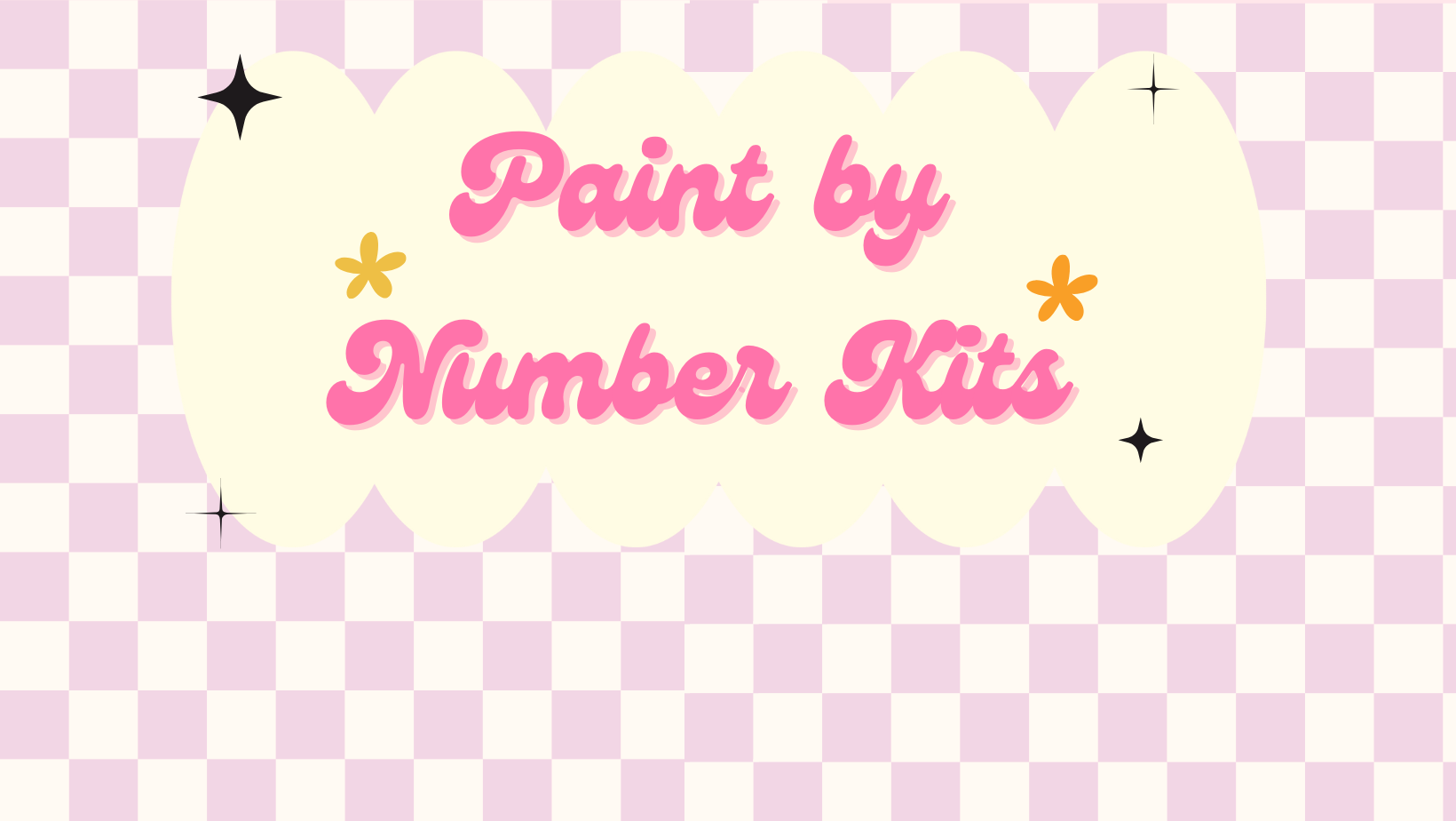 Text 'Paint by Number Kits' on a pink and white checkered background