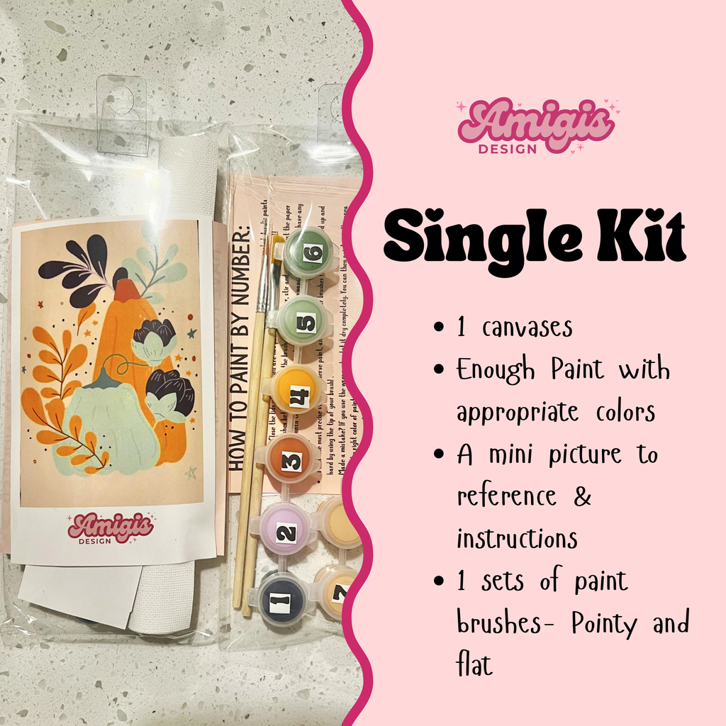 Amigis Design Single Kit with paint, brushes, and reference picture on a pink background