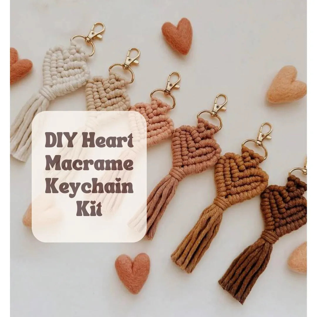 DIY Heart Macrame Keychain Kit with heart-shaped decorations on a light background